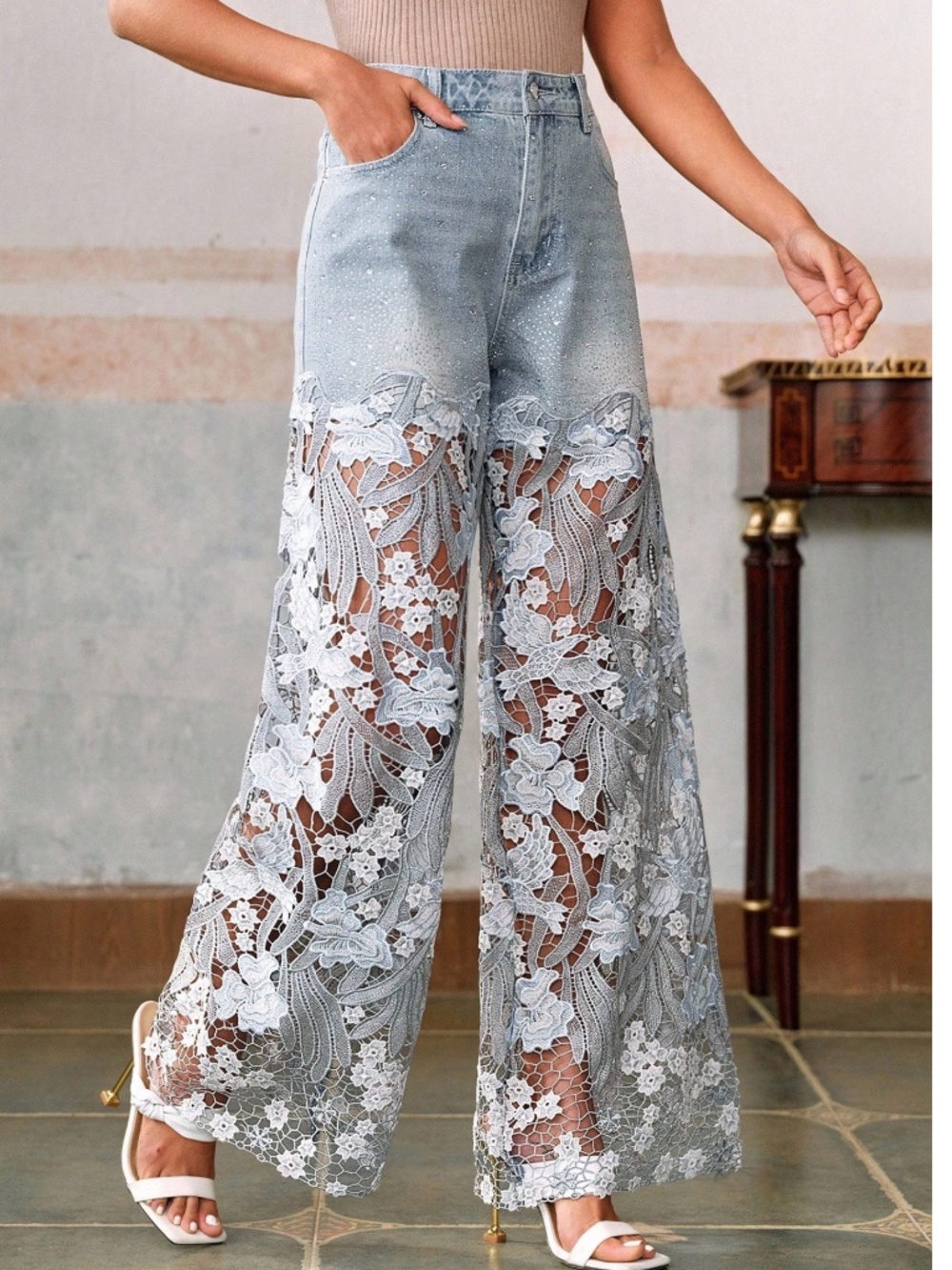 Light wash Rhinestone Mid Waist Bird Floral Cut out Straight Leg Denim Jeans - Picture 4 of 6